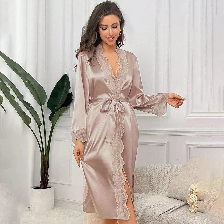 Luxe Mauve Satin Kimono Robe with Lace Trim-Kimono Robe-Bellascena-bellascena