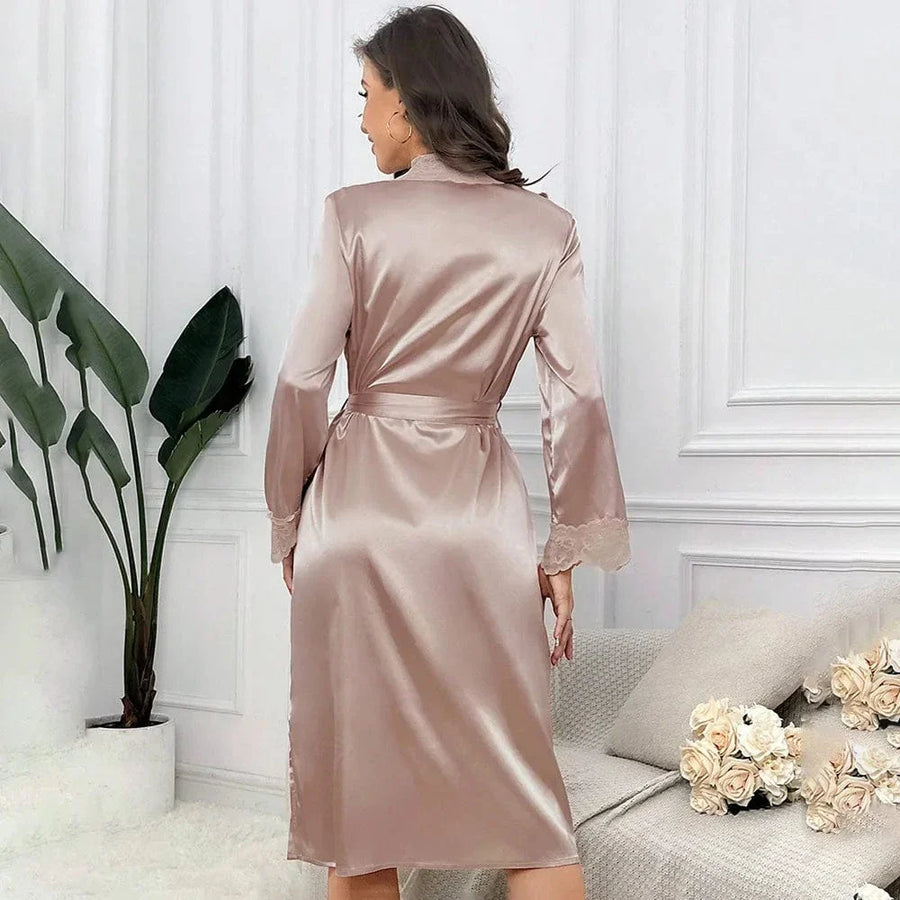 Luxe Mauve Satin Kimono Robe with Lace Trim-Kimono Robe-Bellascena-bellascena