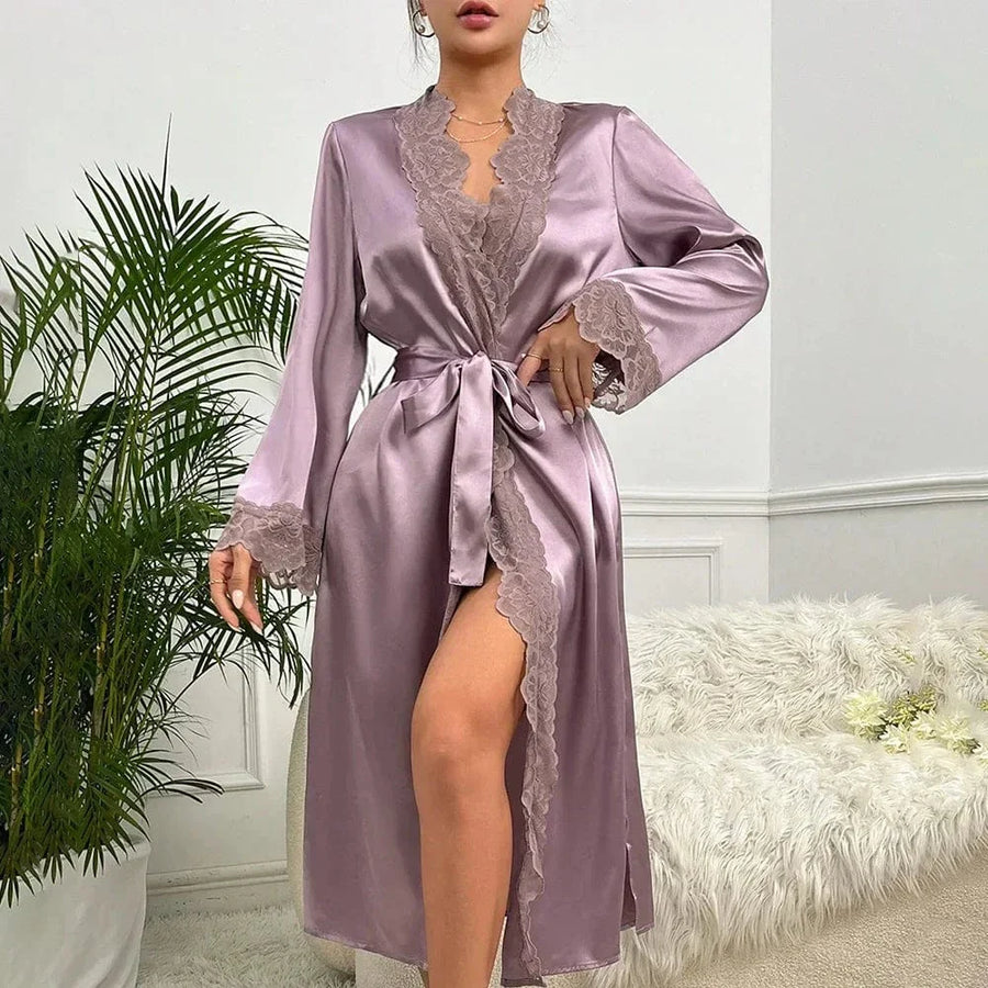 Luxe Mauve Satin Kimono Robe with Lace Trim-Kimono Robe-Bellascena-bellascena