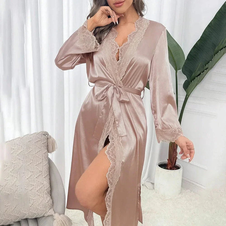 Luxe Mauve Satin Kimono Robe with Lace Trim-Kimono Robe-Bellascena-Champagne-XS-bellascena