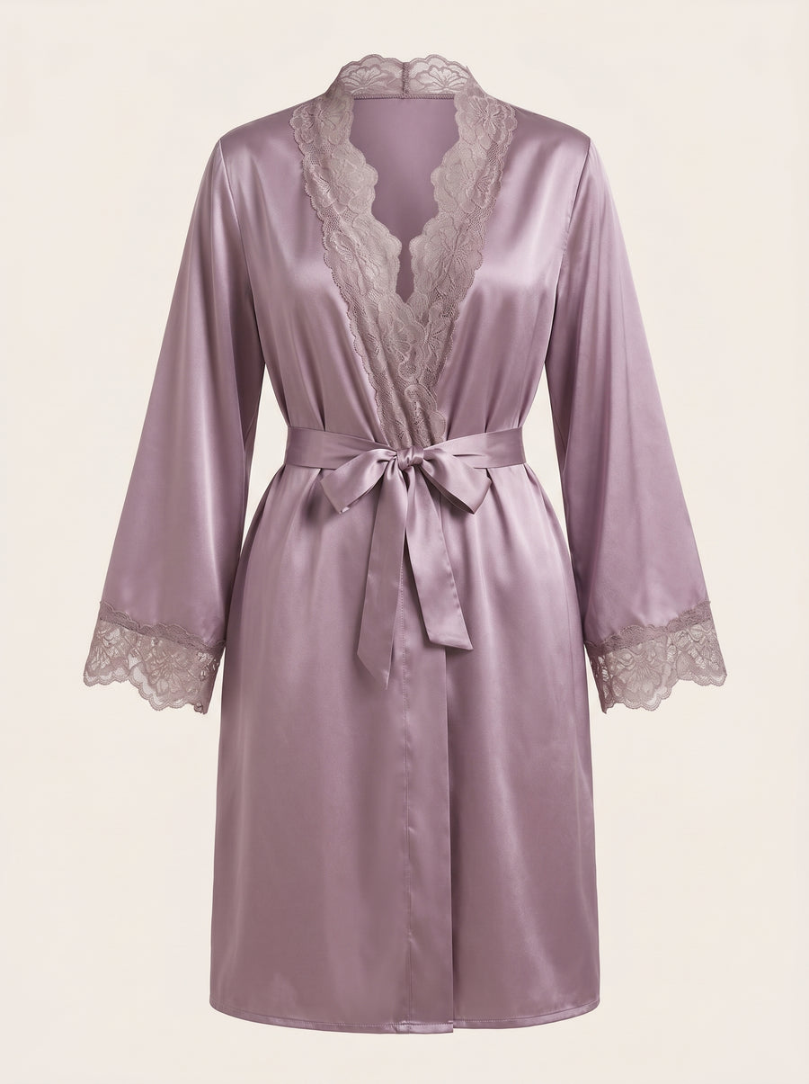 Luxe Mauve Satin Kimono Robe with Lace Trim-Kimono Robe-Bellascena-bellascena