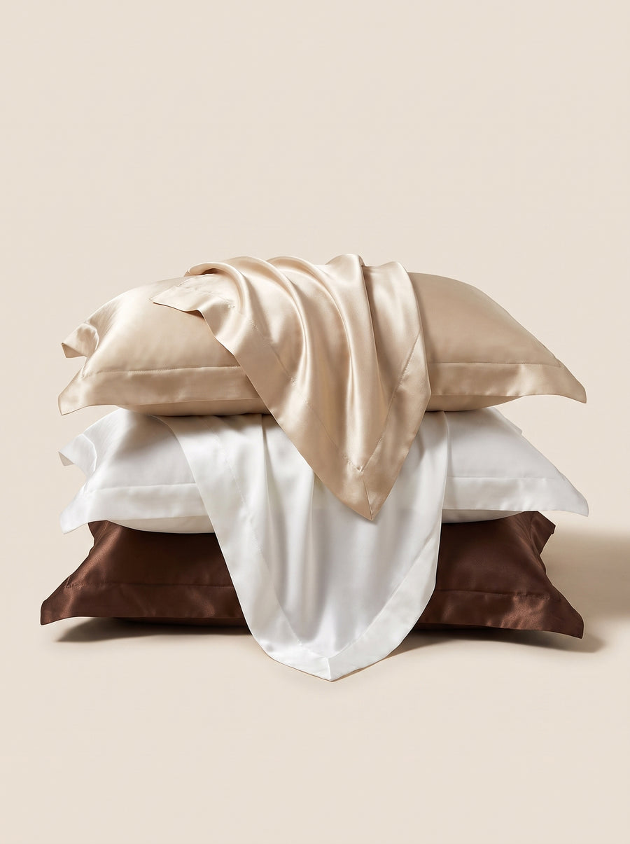 Luxurious Champagne, White & Chocolate Brown Silk Pillowcase Set with Silky Sheen-Pillowcase-Bellascena-bellascena