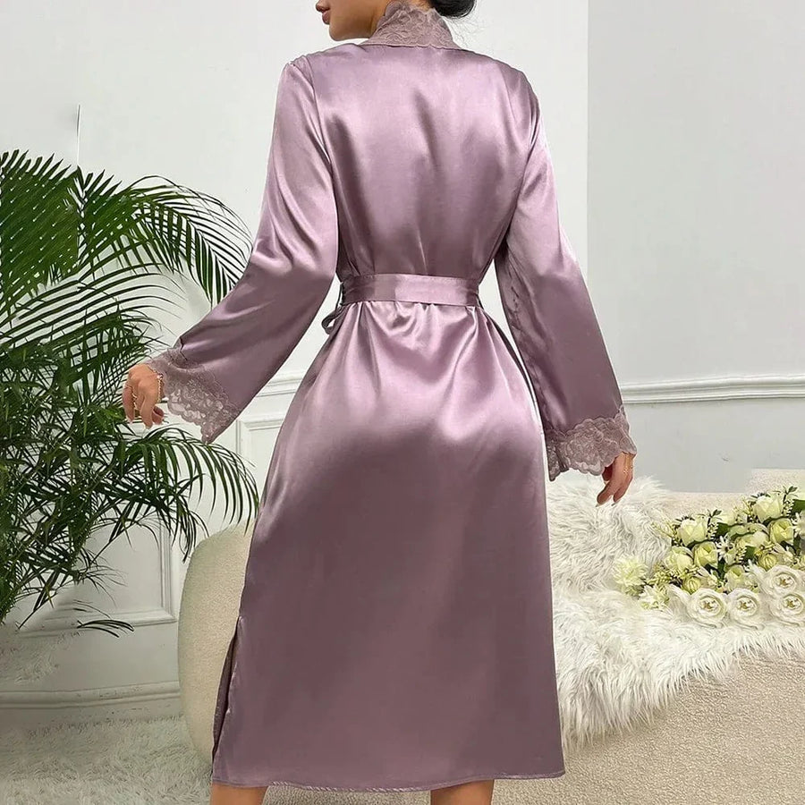 Luxurious Mauve Satin Kimono Robe with Lace Trim-Kimono Robe-Bellascena-bellascena