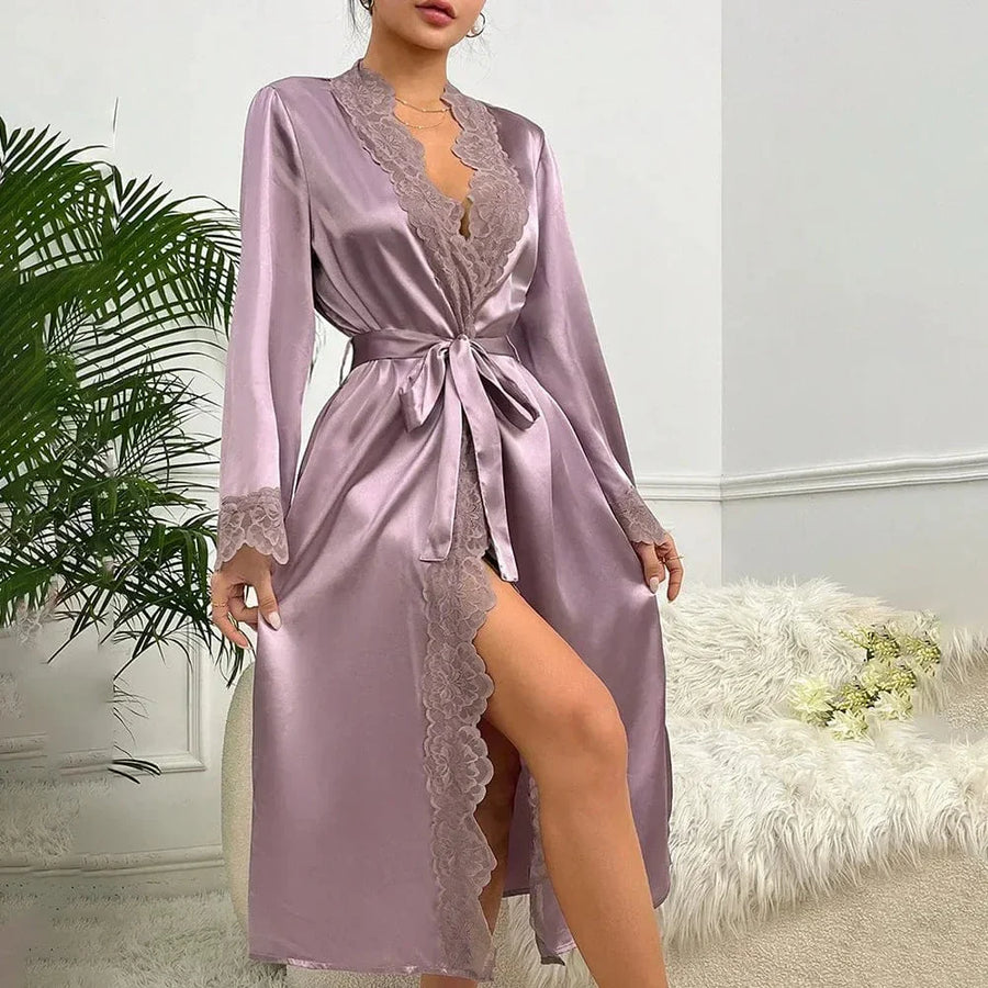 Luxurious Mauve Satin Kimono Robe with Lace Trim-Kimono Robe-Bellascena-Light Lavender-XS-bellascena
