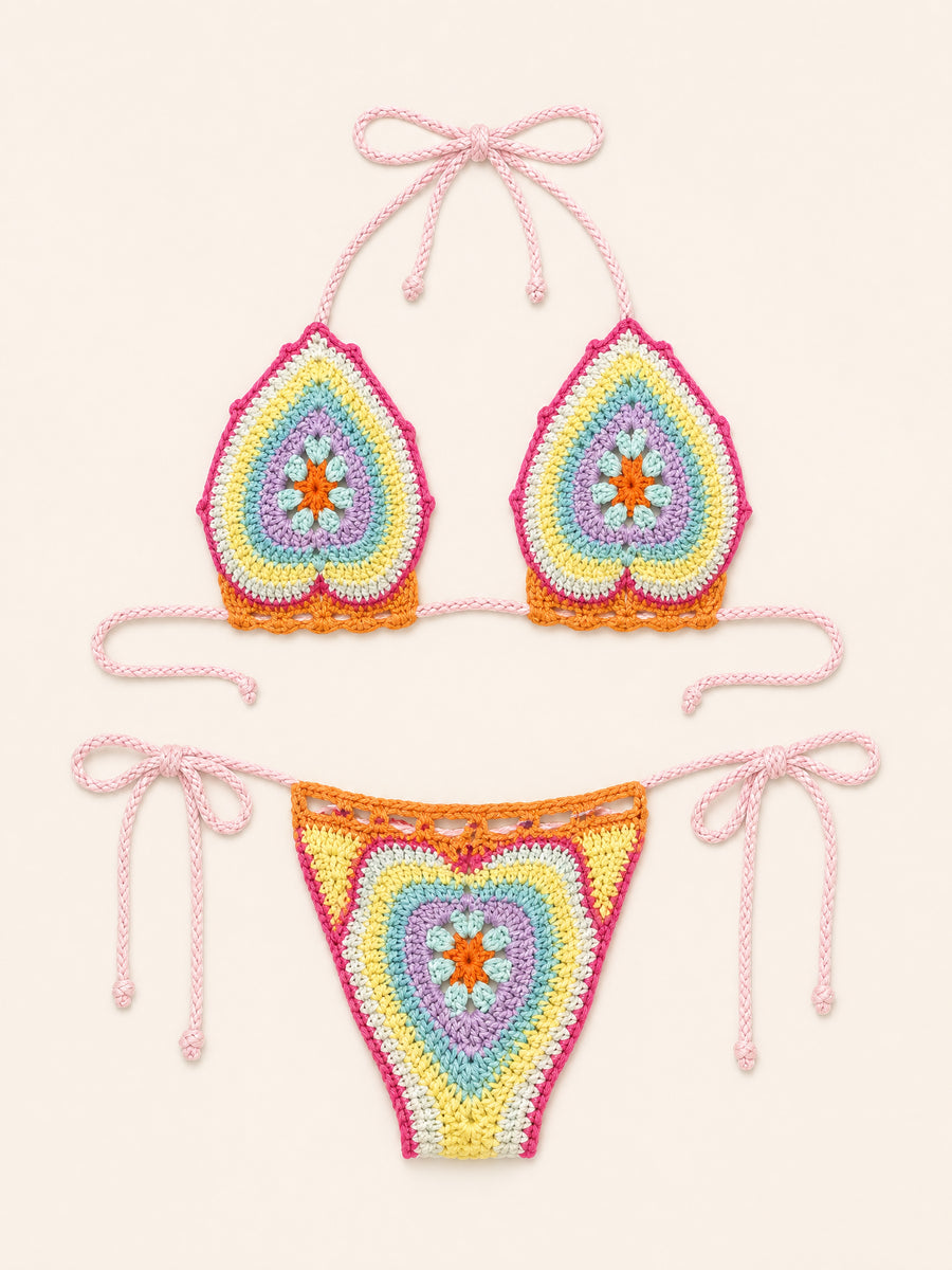 Multicolor Crochet Bikini Set with Strappy Details-Bikini Set-Bellascena-bellascena