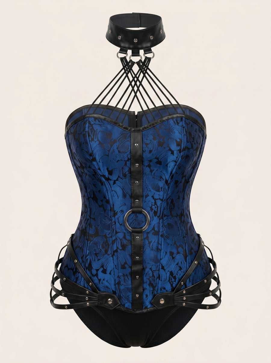 Navy Blue Floral Satin Corset with Strappy Harness Design-Corset-Bellascena-bellascena