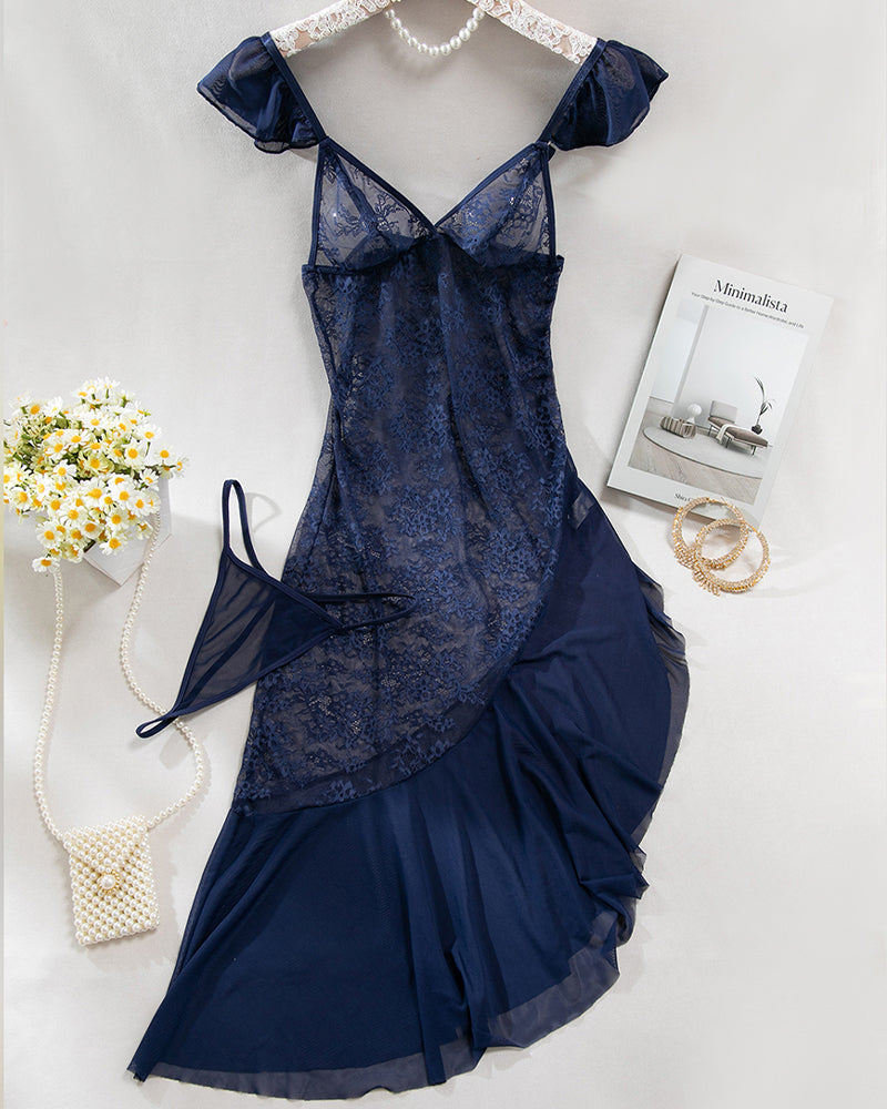 Navy Blue Lace Nightdress with Irregular Slit-Nightgown-Bellascena-bellascena