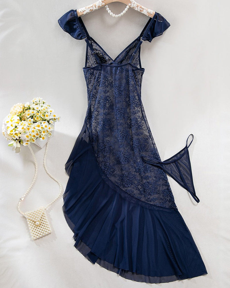 Navy Blue Lace Nightdress with Irregular Slit-Nightgown-Bellascena-bellascena