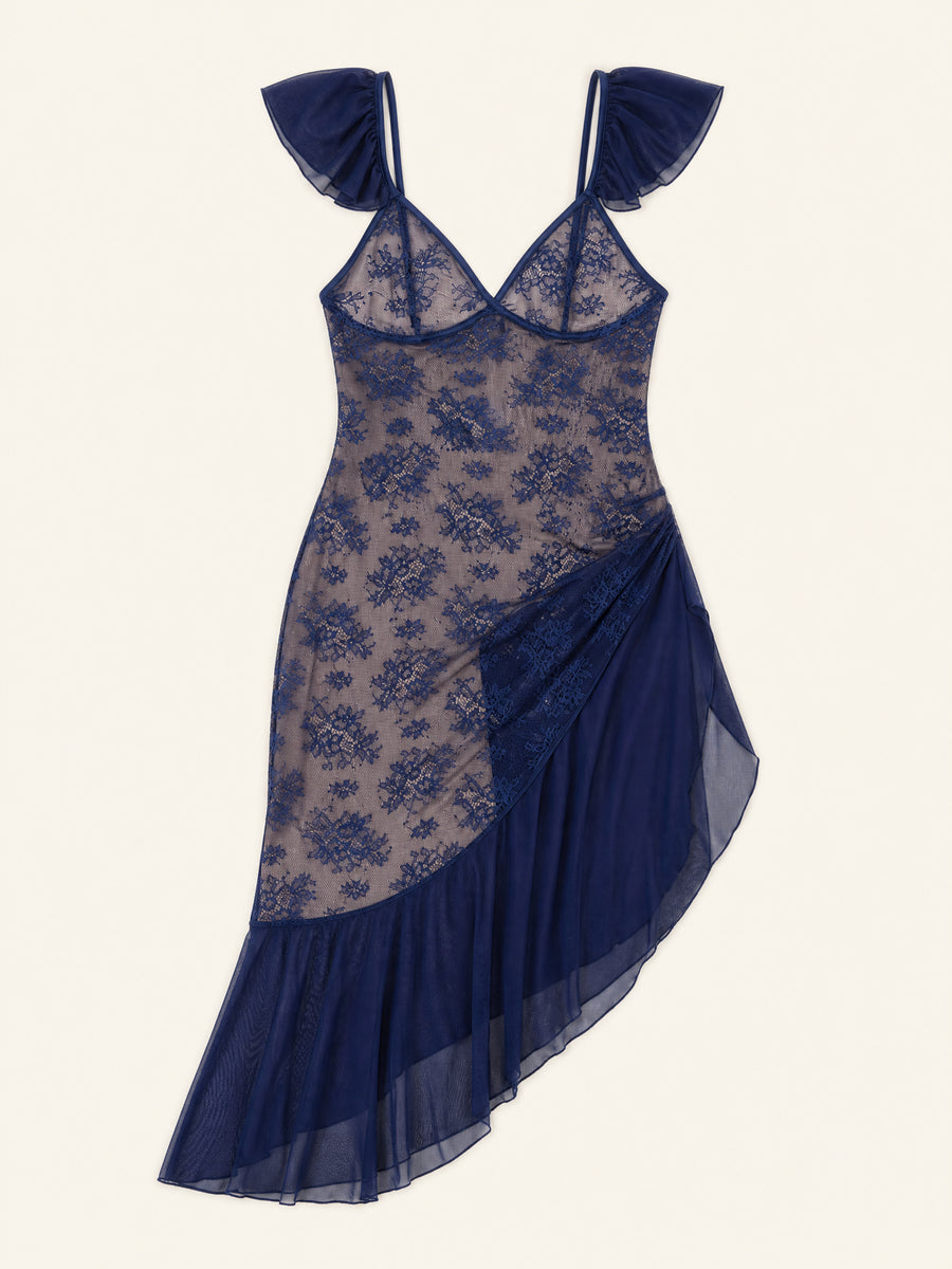 Navy Blue Lace Nightdress with Irregular Slit-Nightgown-Bellascena-bellascena