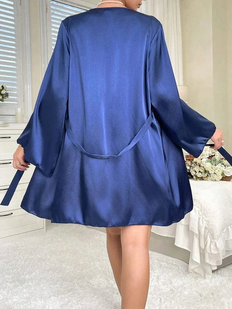 Navy Blue Satin Kimono Robe with Lace Trim-Kimono Robe-Bellascena-bellascena