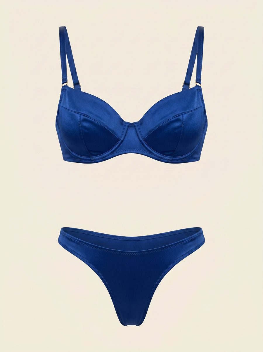 Navy Blue Satin Lingerie Set with Strappy Details-Lingerie Set-Bellascena-S-S-Navy-bellascena