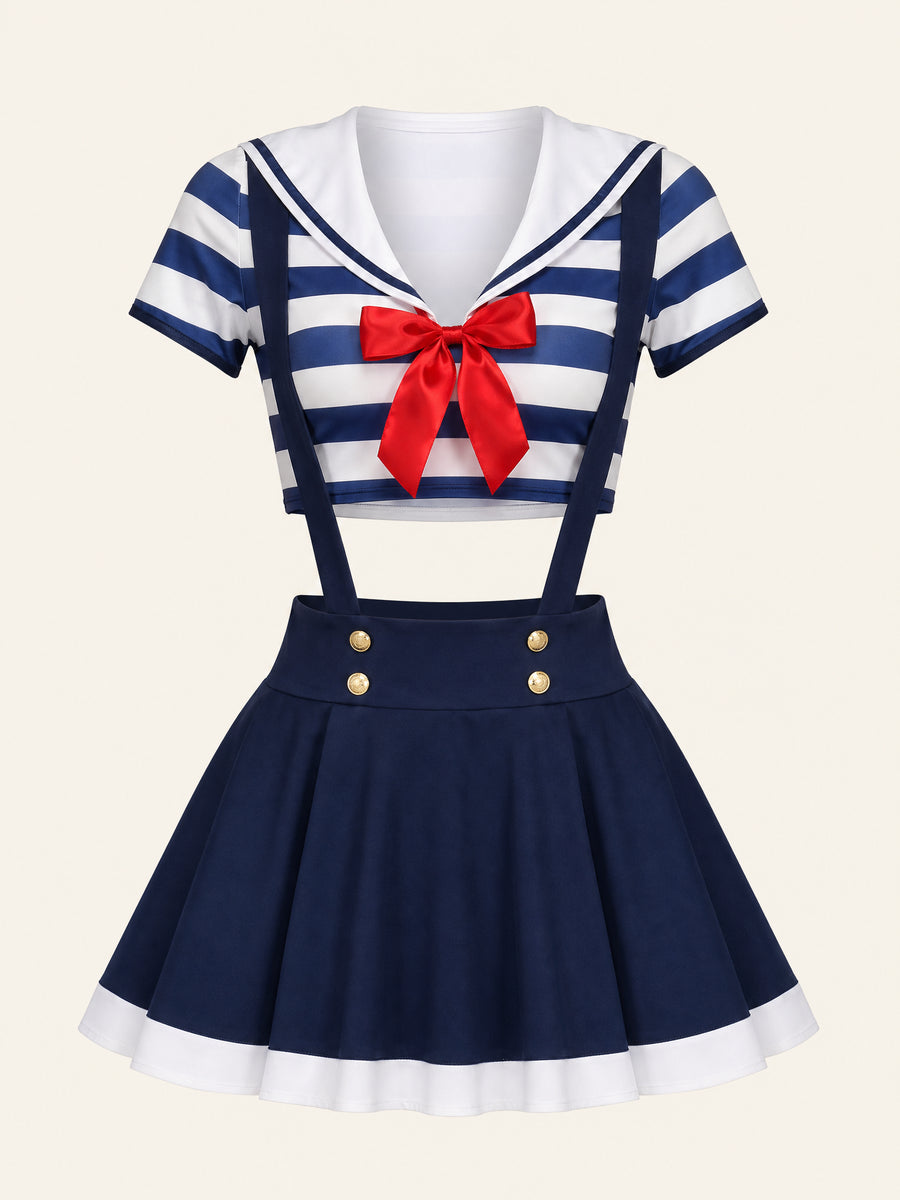 Navy and White Striped Cotton Costume Set with Bow Detail-Lingerie Set-Bellascena-bellascena