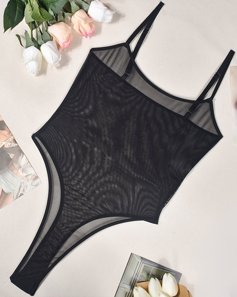 Neon Yellow Mesh Bodysuit with Strappy Sheer Design-Bodysuit-Bellascena-bellascena