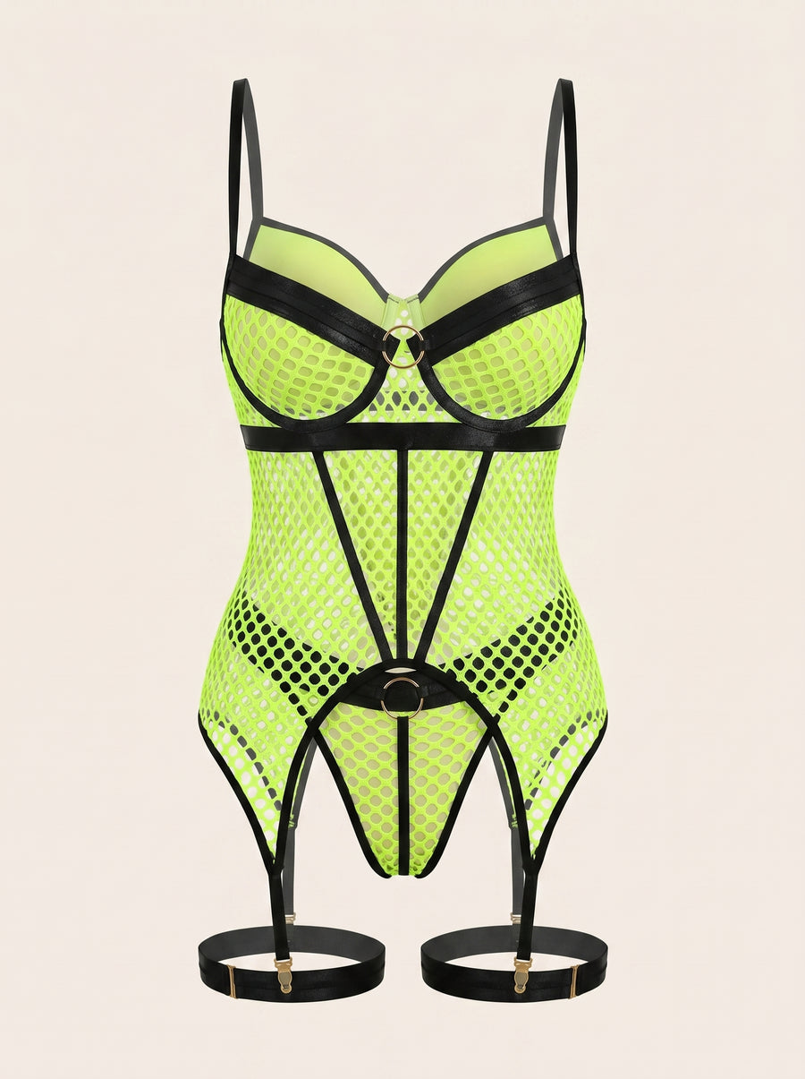 Neon Yellow Mesh Bustier with Strappy Details-Corset-Bellascena-bellascena