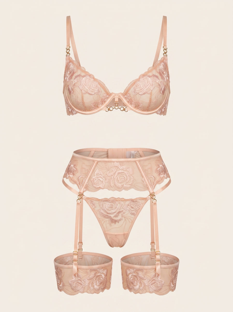Nude Floral Lace Lingerie Set with Strappy Detail-Lingerie Set-Bellascena-S-S-Nude-bellascena
