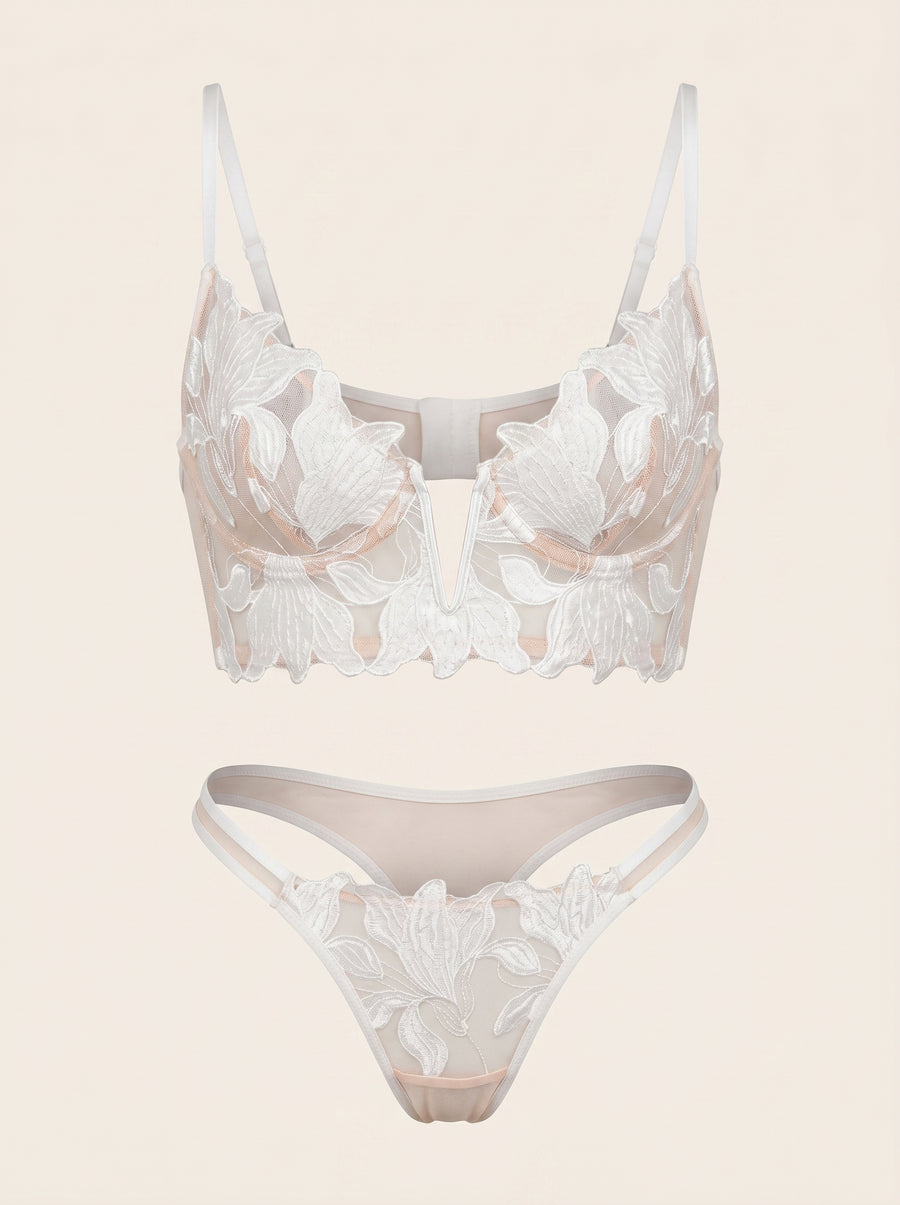 Nude Mesh Lingerie Set with Floral Embroidery-Lingerie Set-Bellascena-bellascena