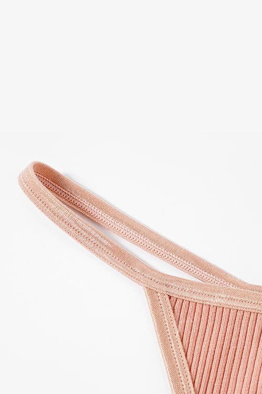 Nude Pink Ribbed Cotton Bodysuit with Strappy Design-Bodysuit-Bellascena-bellascena