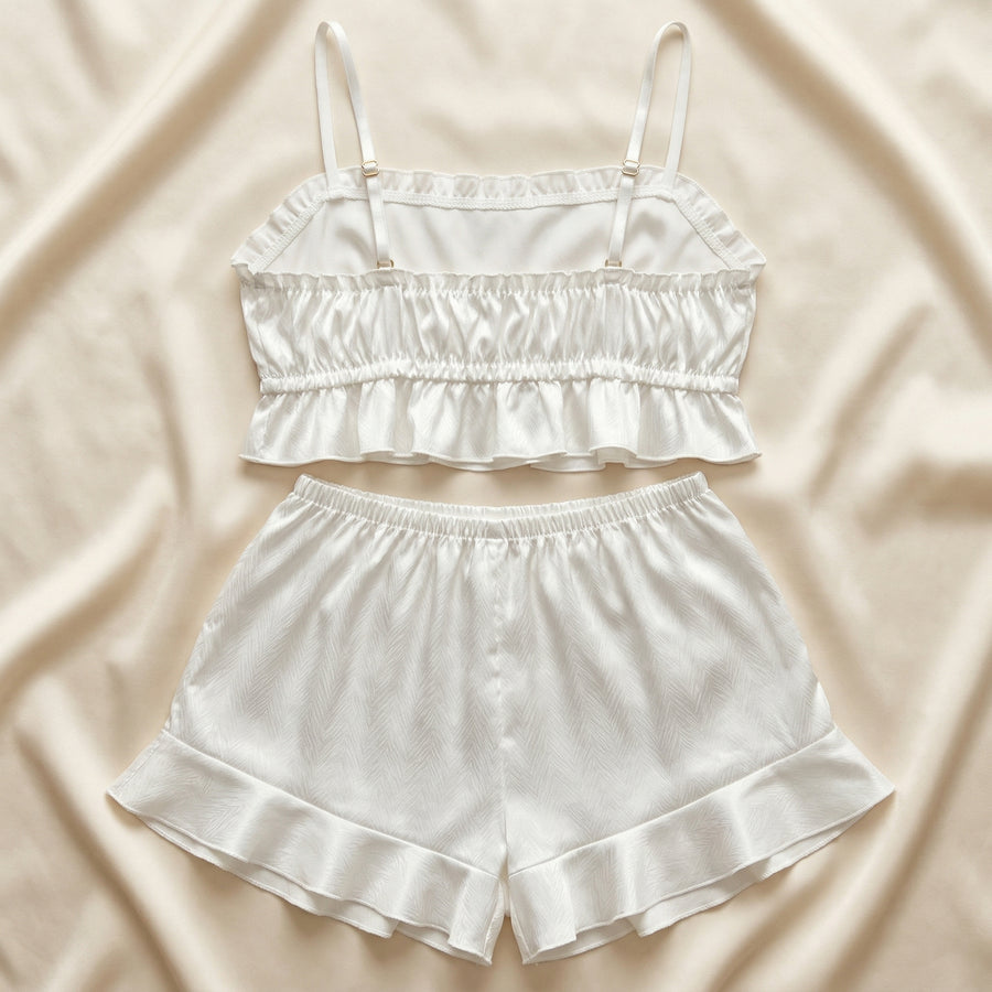Off-White Satin Pajama Set with Ruffle Details-Pajama Set-Bellascena-bellascena
