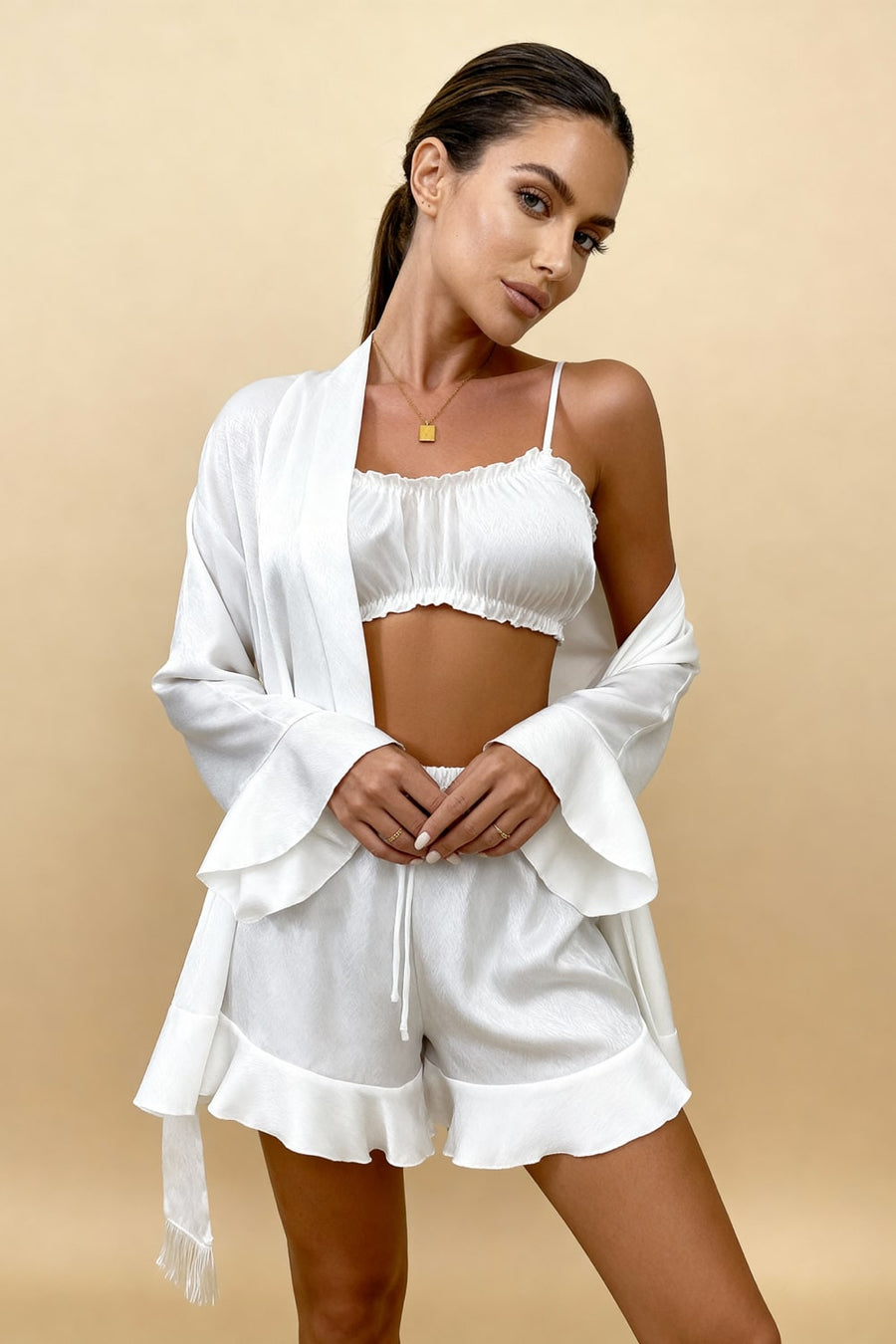 Off-White Satin Pajama Set with Ruffle Details-Pajama Set-Bellascena-bellascena