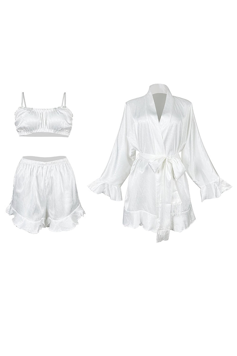 Off-White Satin Pajama Set with Ruffle Details-Pajama Set-Bellascena-bellascena