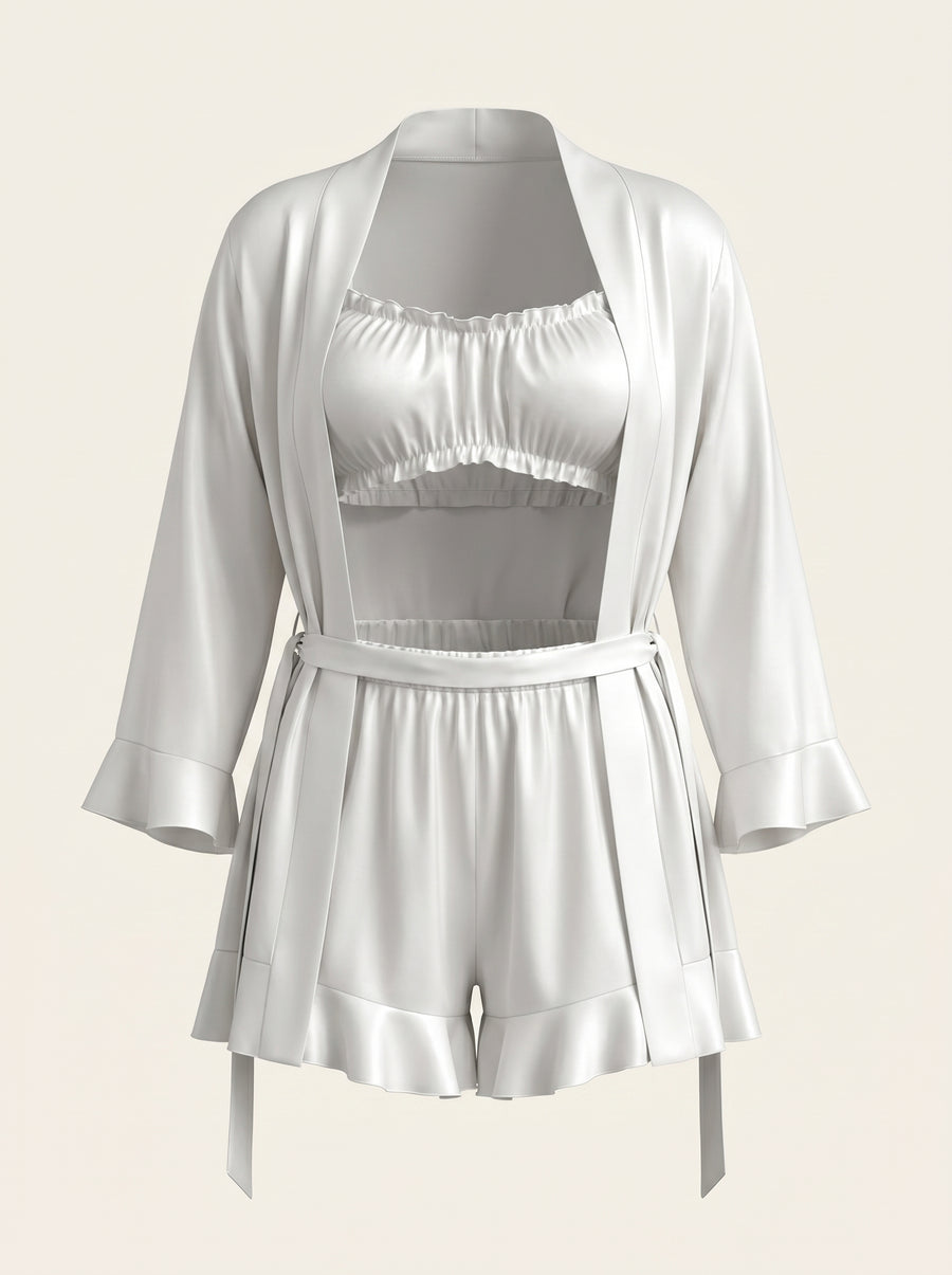 Off-White Satin Pajama Set with Ruffle Details-Pajama Set-Bellascena-S-White-bellascena