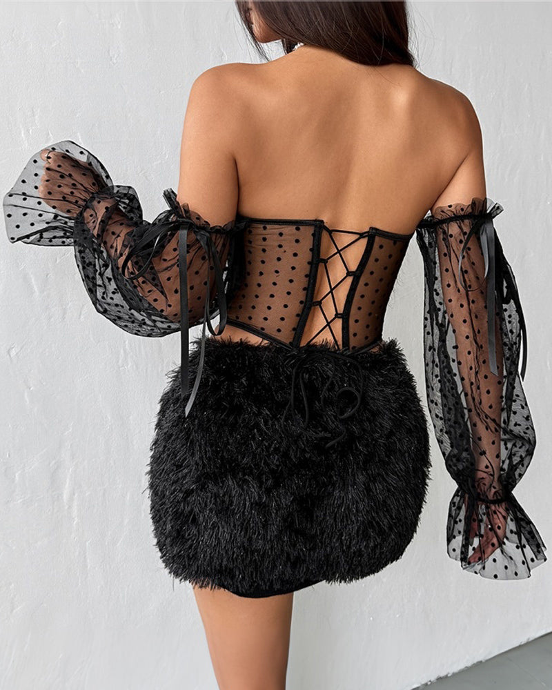 Off-the-Shoulder Black Polka Dot Mesh Bodysuit with Ruffle Detail-Corset-Bellascena-bellascena