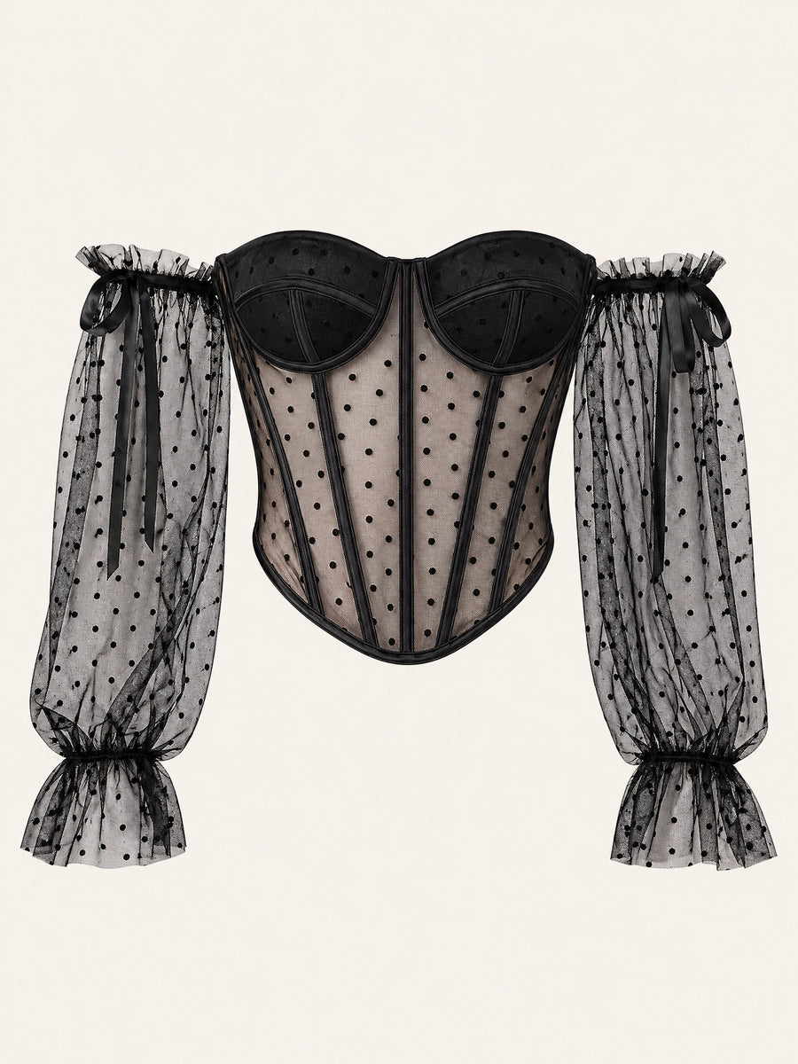 Off-the-Shoulder Black Polka Dot Mesh Bodysuit with Ruffle Detail-Corset-Bellascena-Black-S-bellascena