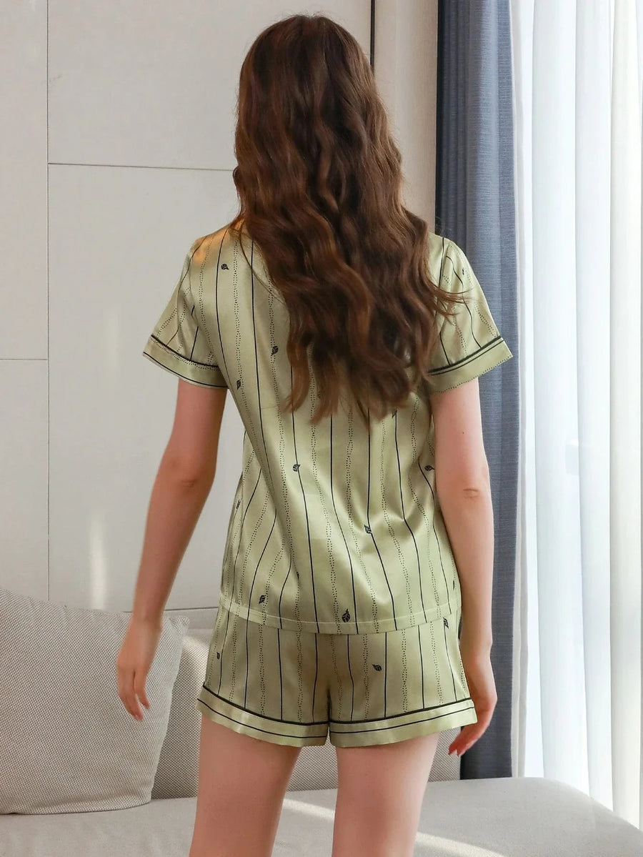 Olive Striped Satin Pajama Set with Button-Up Charm-Pajama Set-Bellascena-bellascena