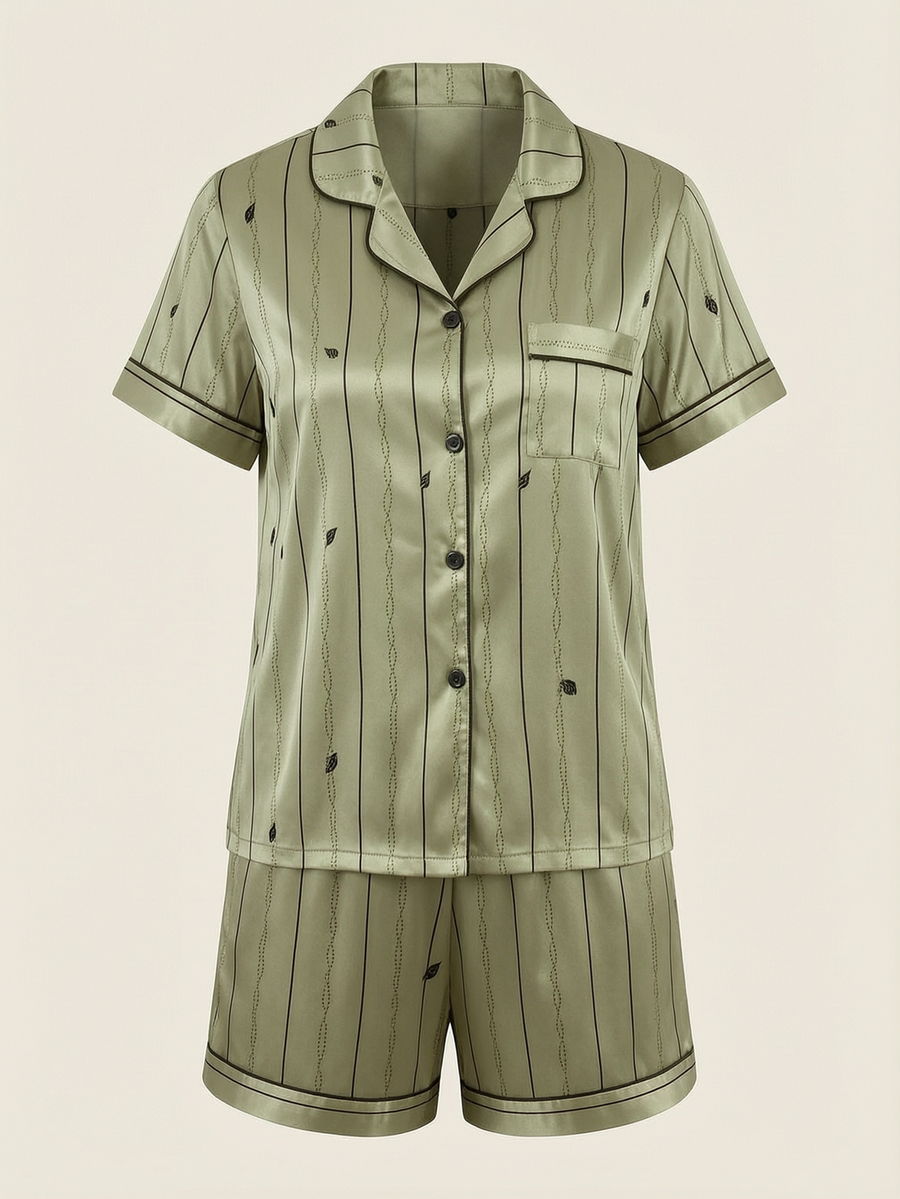 Olive Striped Satin Pajama Set with Button-Up Charm-Pajama Set-Bellascena-bellascena