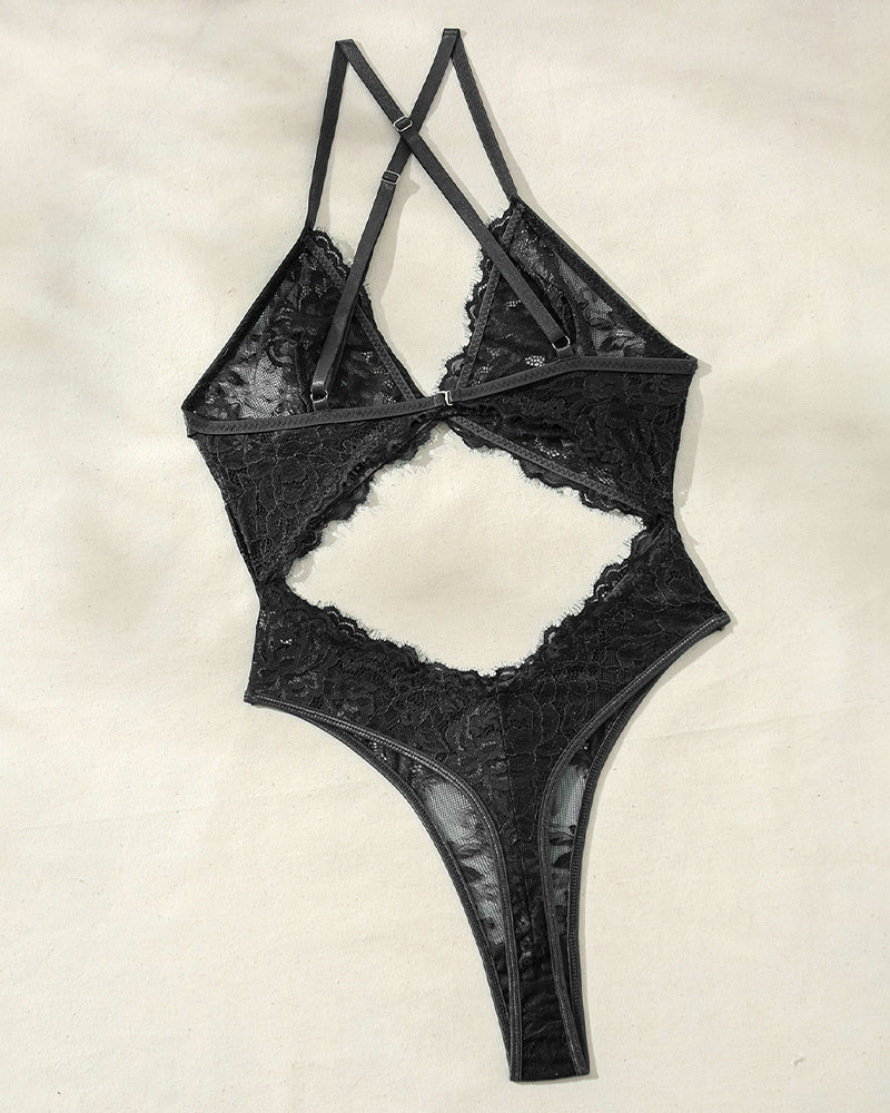 Open Back Cream Lace Bodysuit with Strappy Elegance-Bodysuit-Bellascena-bellascena