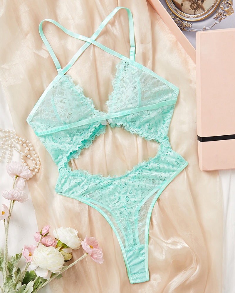 Open Back Cream Lace Bodysuit with Strappy Elegance-Bodysuit-Bellascena-bellascena