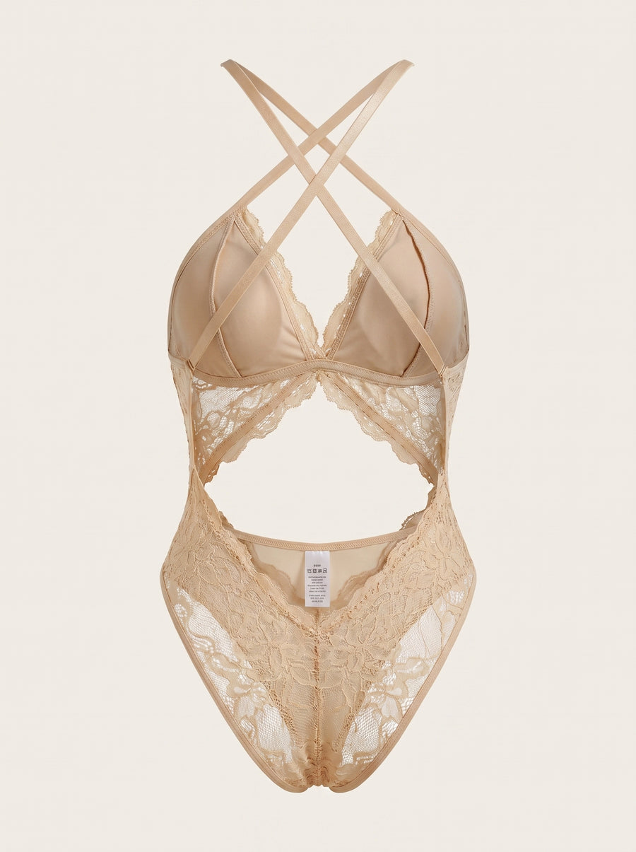 Open Back Cream Lace Bodysuit with Strappy Elegance-Bodysuit-Bellascena-bellascena
