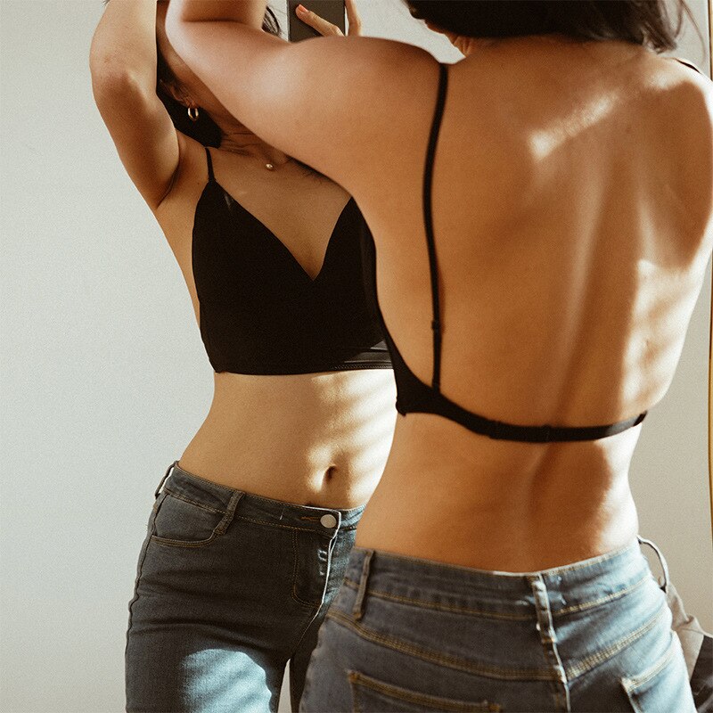 Open Back White Satin Bra with Strappy Details-Bra-Bellascena-Black-S-bellascena
