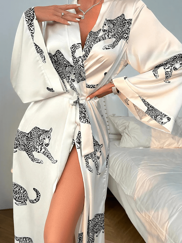 Panther Print Satin Kimono Robe with Waist Tie-Kimono Robe-Bellascena-bellascena