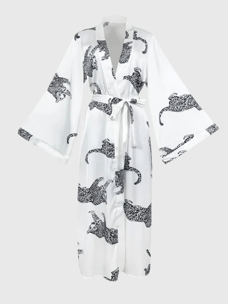 Panther Print Satin Kimono Robe with Waist Tie-Kimono Robe-Bellascena-bellascena