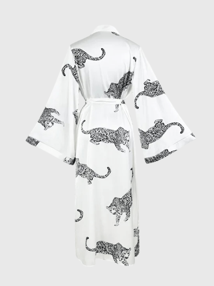 Panther Print Satin Kimono Robe with Waist Tie-Kimono Robe-Bellascena-bellascena