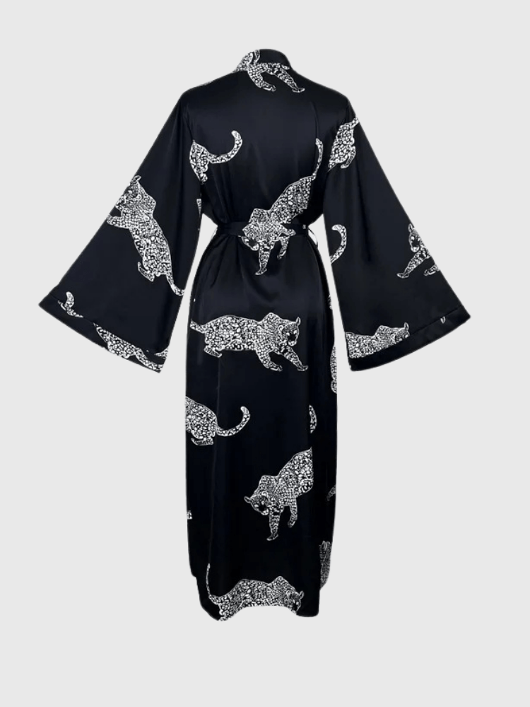 Panther Print Satin Kimono Robe with Waist Tie-Kimono Robe-Bellascena-bellascena