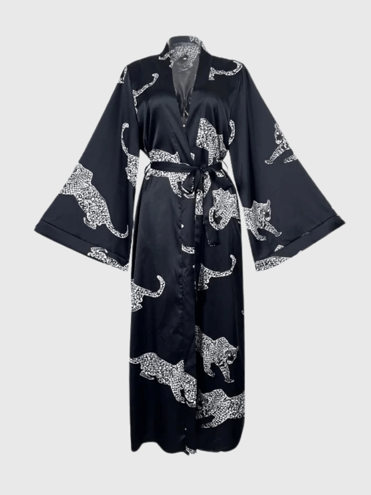 Panther Print Satin Kimono Robe with Waist Tie-Kimono Robe-Bellascena-bellascena