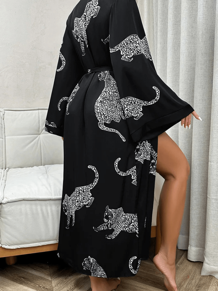 Panther Print Satin Kimono Robe with Waist Tie-Kimono Robe-Bellascena-bellascena