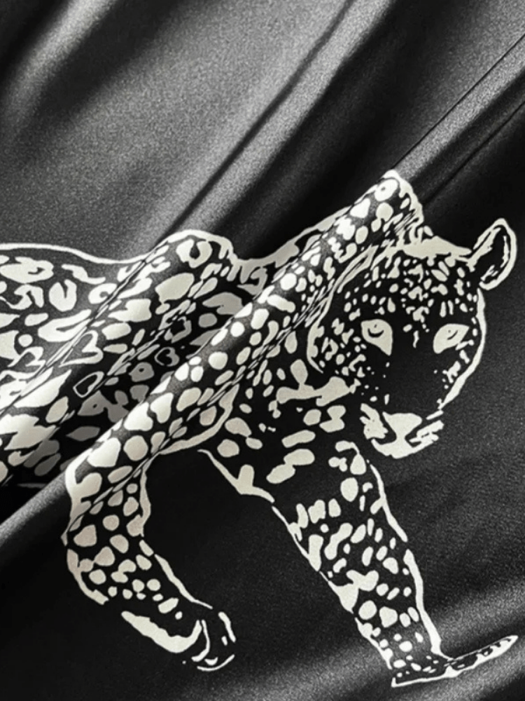 Panther Print Satin Kimono Robe with Waist Tie-Kimono Robe-Bellascena-bellascena