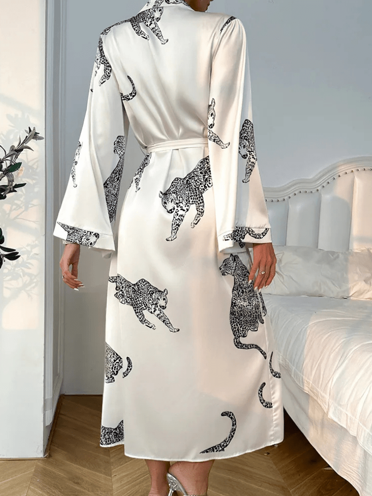 Panther Print Satin Kimono Robe with Waist Tie-Kimono Robe-Bellascena-bellascena