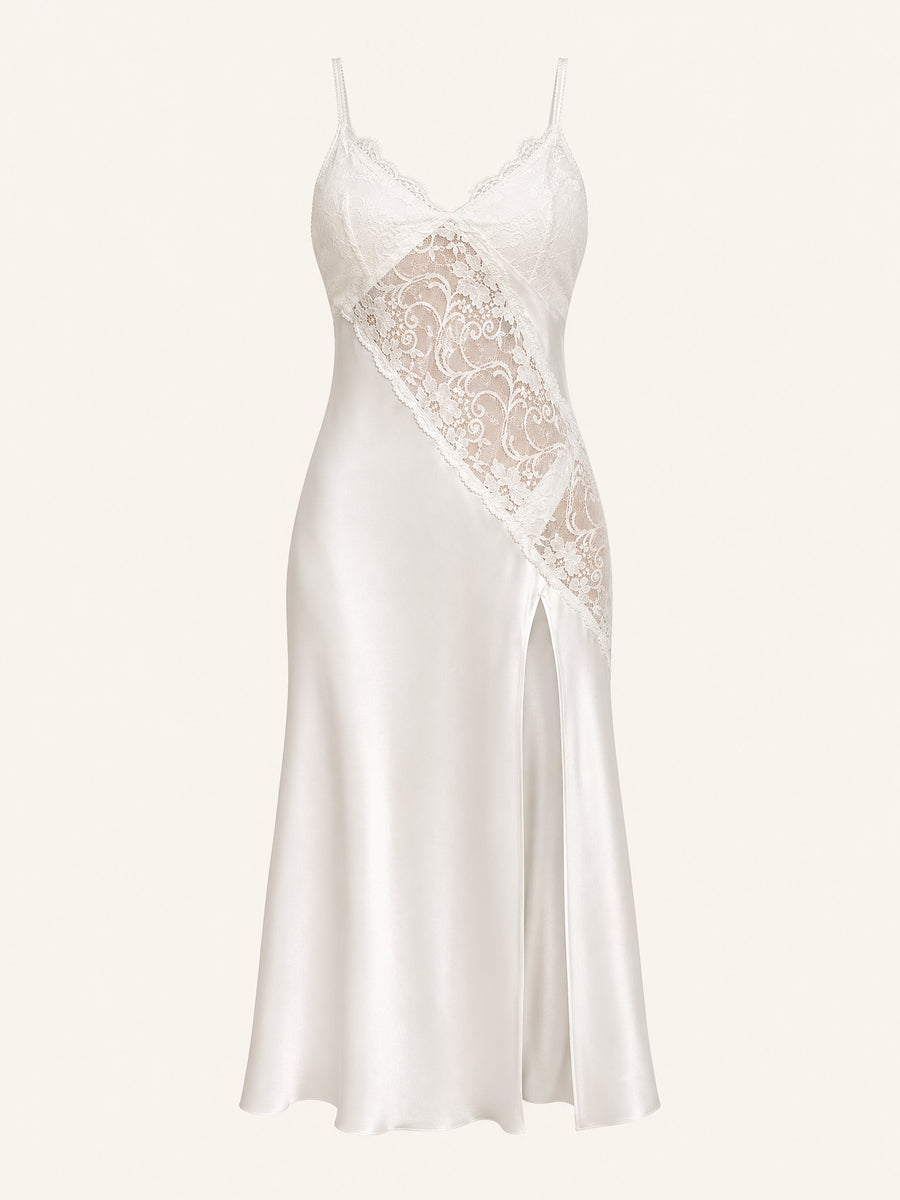 Pearl White Satin Nightgown with Lace Panel and Slit-Nightgown-Bellascena-White-S-bellascena