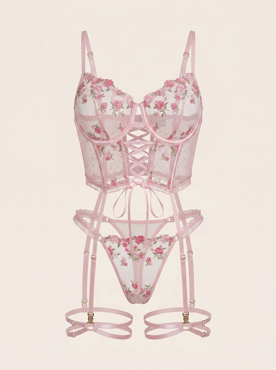 Pink Floral Embr. Mesh Lingerie Set with Lace-Up-Corset-Bellascena-Pink-S-bellascena