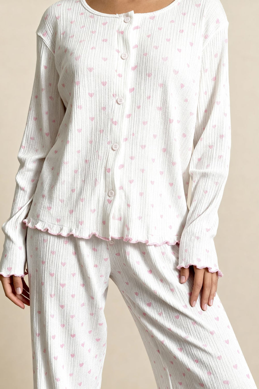 Pink Heart Cotton Pajama Set with Ruffled Edges-Pajama Set-Bellascena-bellascena