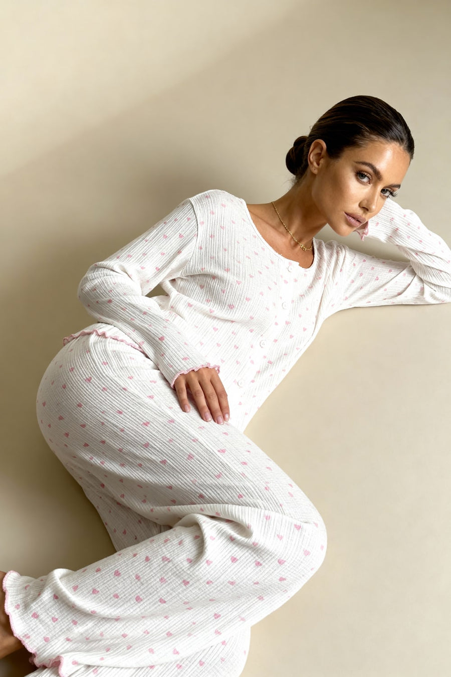 Pink Heart Cotton Pajama Set with Ruffled Edges-Pajama Set-Bellascena-bellascena
