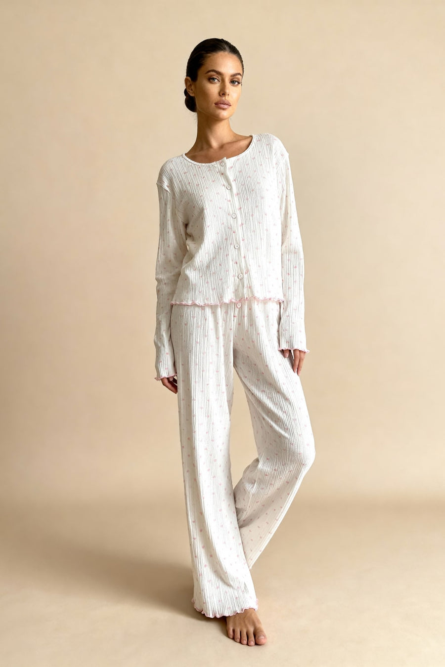 Pink Heart Cotton Pajama Set with Ruffled Edges-Pajama Set-Bellascena-bellascena