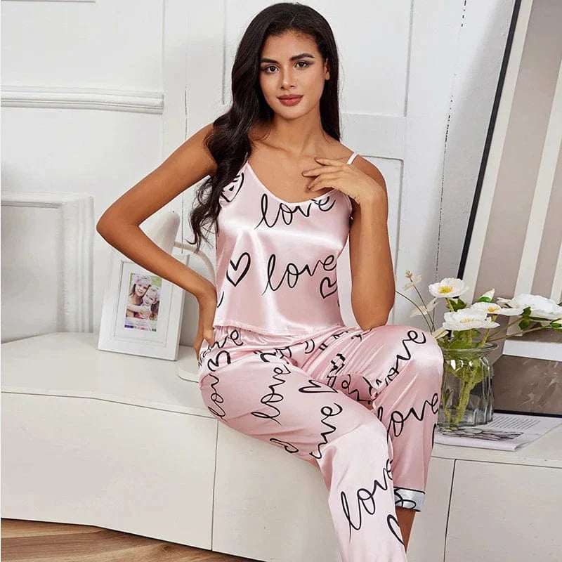 Pink Heart Print Satin Pajama Set with Adjustable Straps-Pajama Set-Bellascena-bellascena