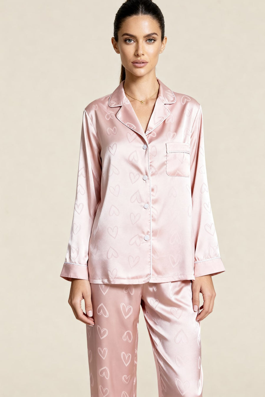 Pink Heart Print Satin Pajama Set with Button-Up-Pajama Set-Bellascena-bellascena