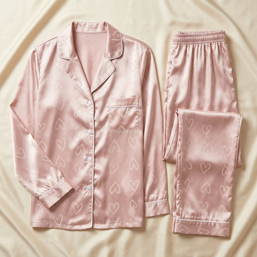 Pink Heart Print Satin Pajama Set with Button-Up-Pajama Set-Bellascena-bellascena