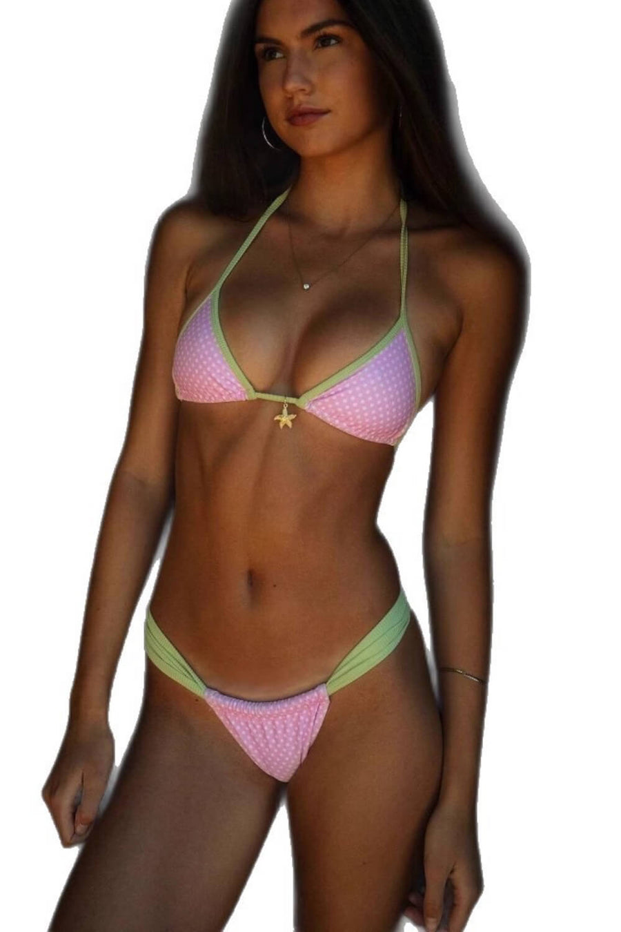 Pink Polka Dot Polyester Bikini Set with Starfish Charm-Bikini Set-Bellascena-bellascena
